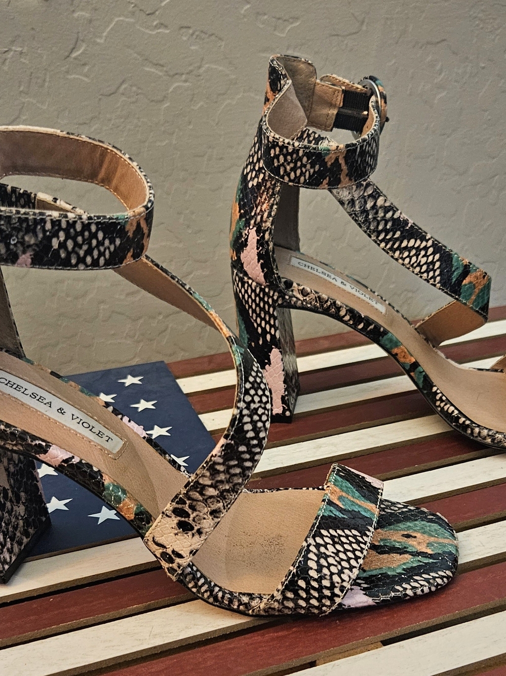 Chelsea & Violet Multicolor Snake-Print Ankle-Strap Block Heel Sandals - Picture 2 of 5